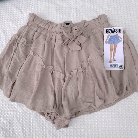 REWASH Jr’s Sz XS Tan Rayon Gauze Lightweight Elastic Tie  Ruffle Flowy Shorts - Picture 1 of 3